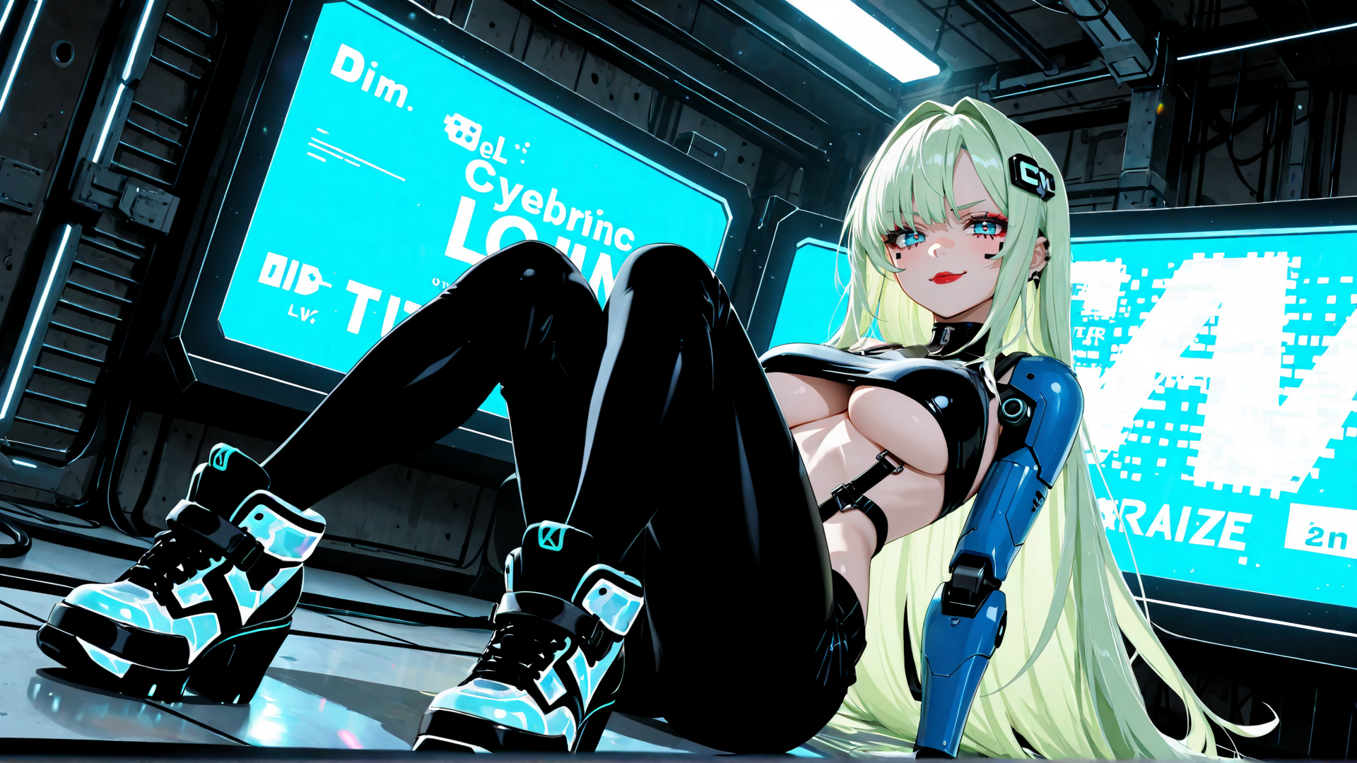 AI generated wallpaper featuring cyborg, anime girl, neon, robot arm, gaming, futuristic, screen, high heels, hologram, glossy