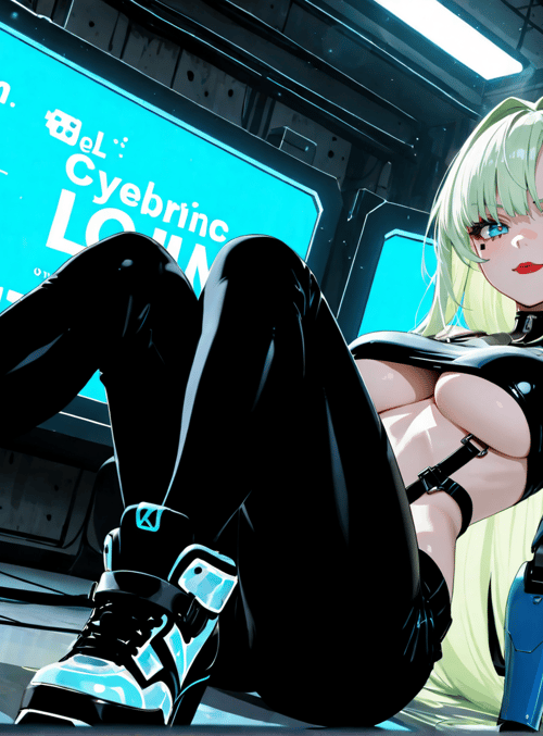 cyborg, anime girl, neon, robot arm, gaming, futuristic, screen, high heels, hologram, glossy