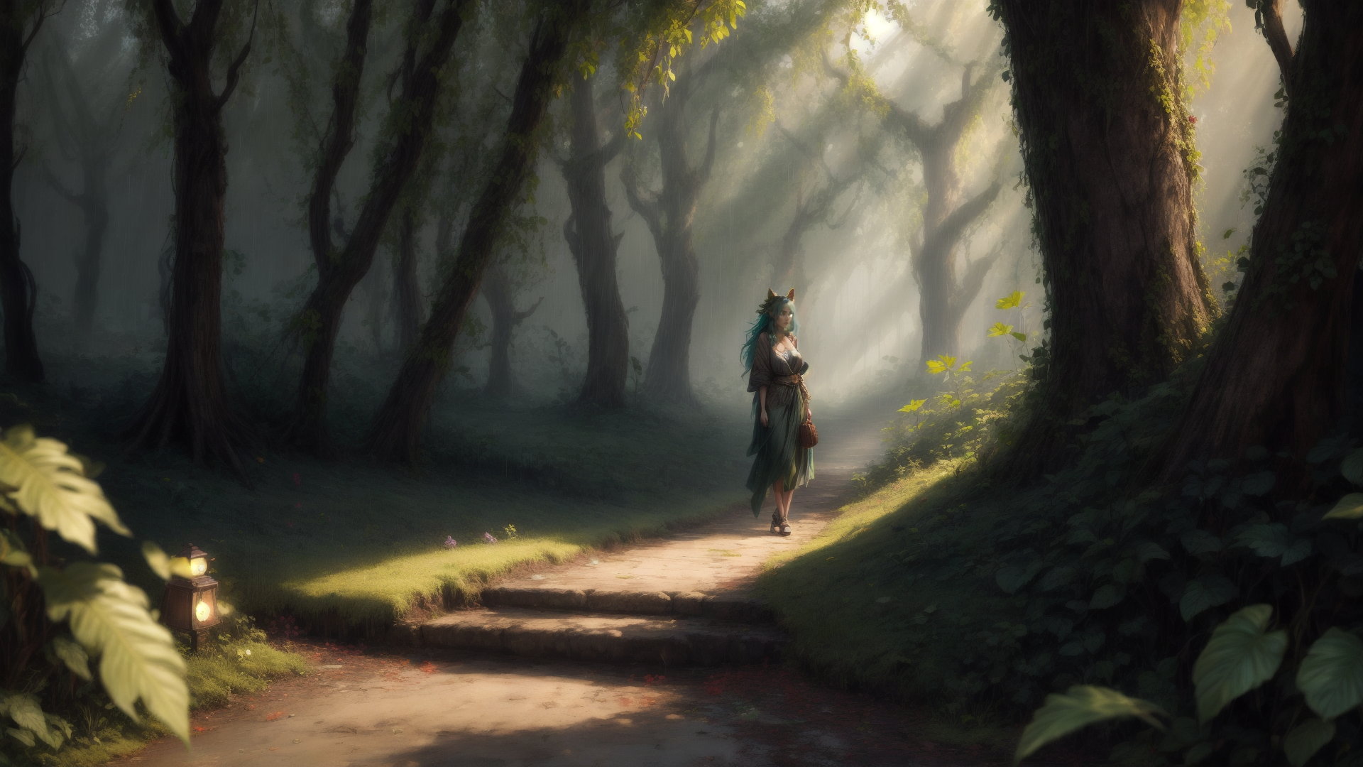 AI generated wallpaper featuring woman, forest, path