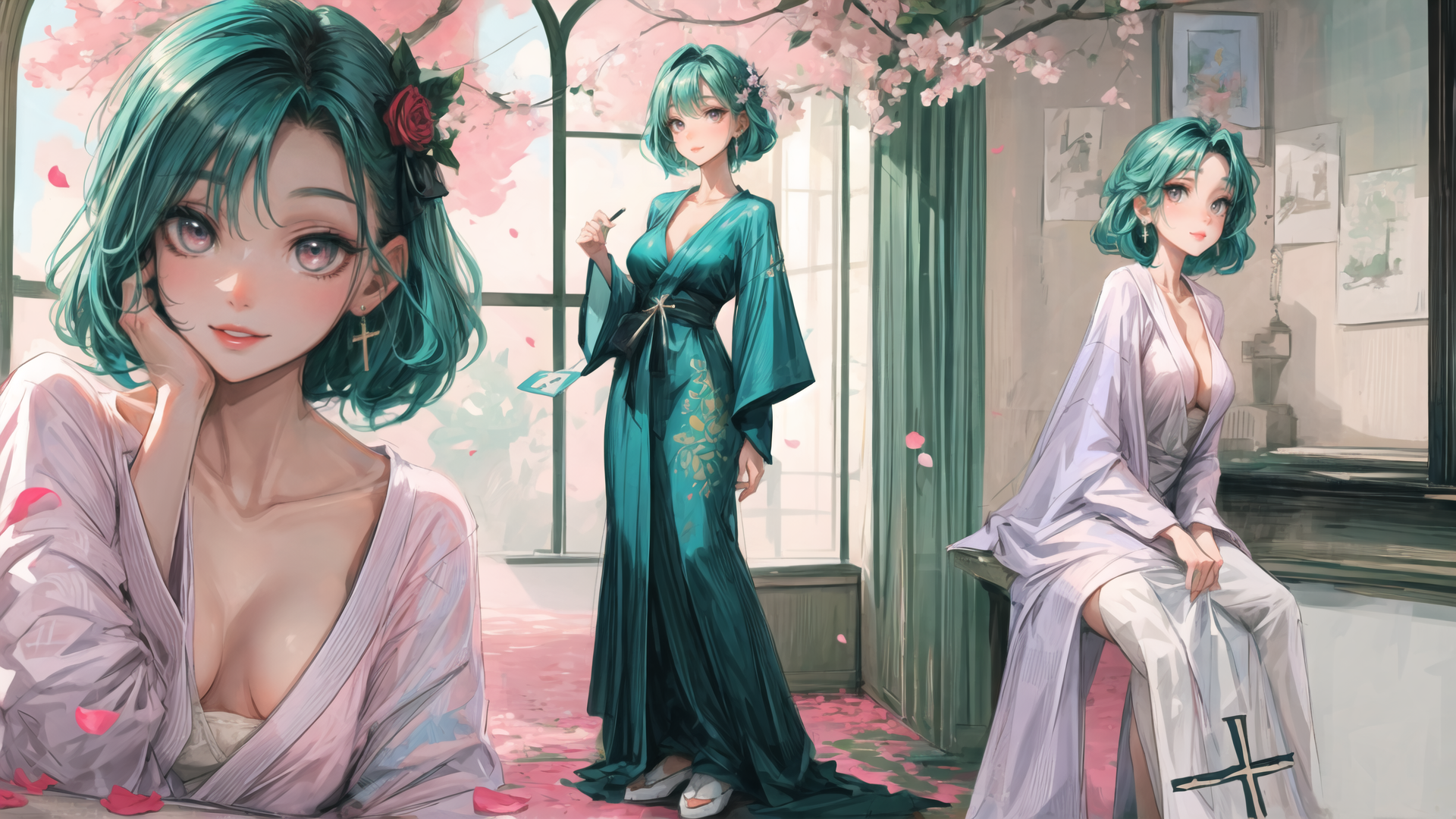 AI generated wallpaper featuring woman, cherry blossoms, dress, robes, room, window, rose, earring, paintings, cross