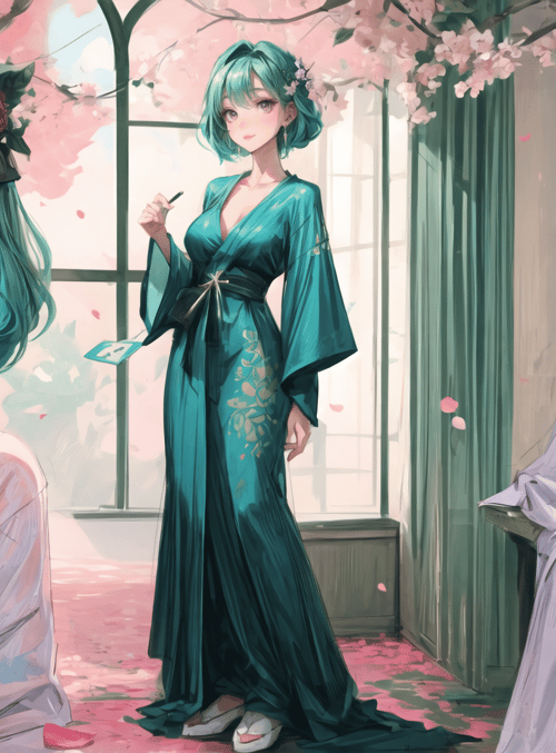woman, cherry blossoms, dress, robes, room, window, rose, earring, paintings, cross
