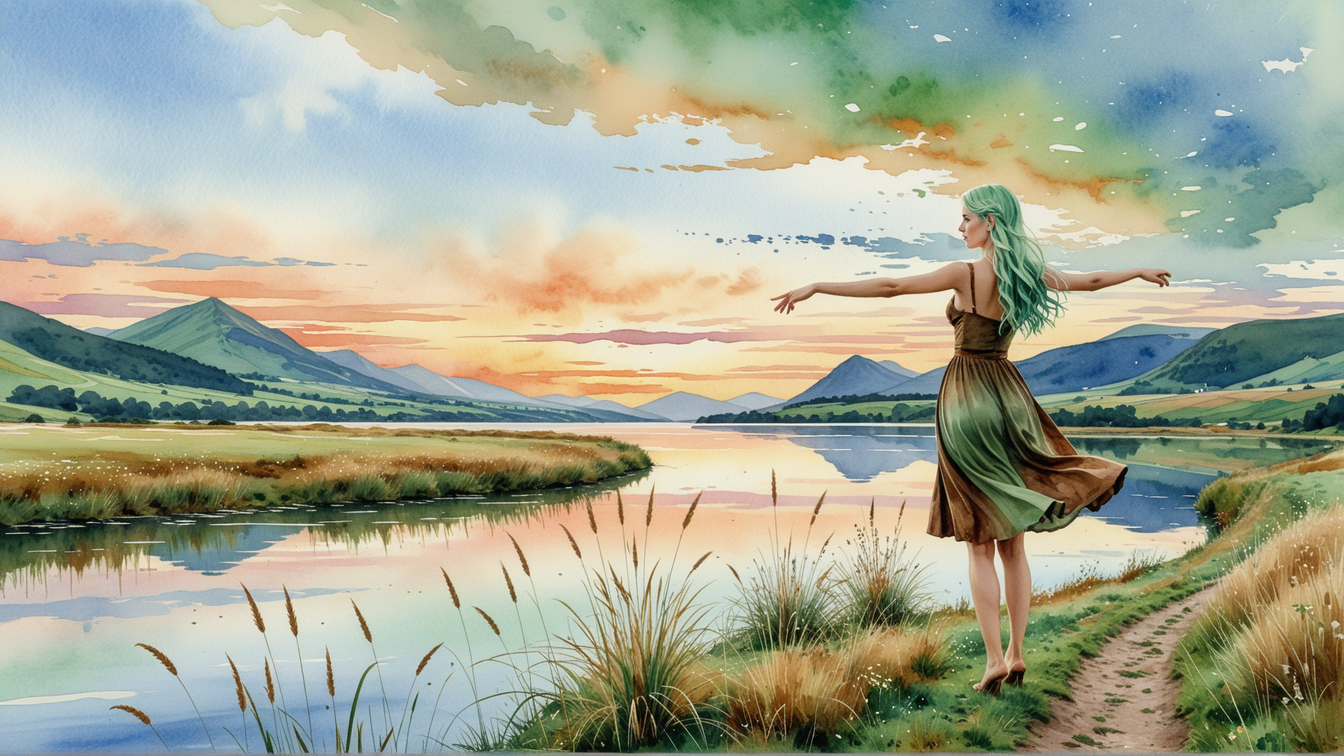AI generated wallpaper featuring woman, nature, lake, mountains, grass, sky, dress