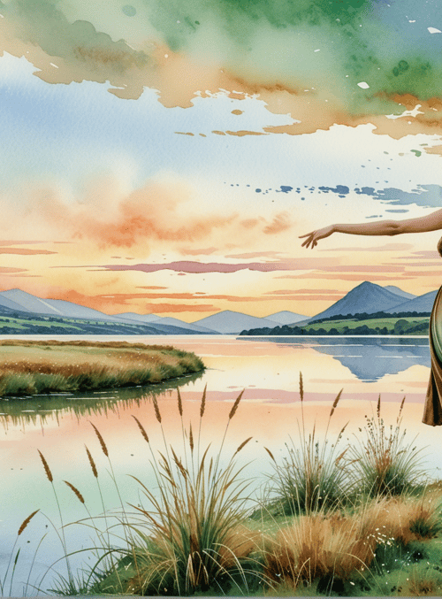 woman, nature, lake, mountains, grass, sky, dress