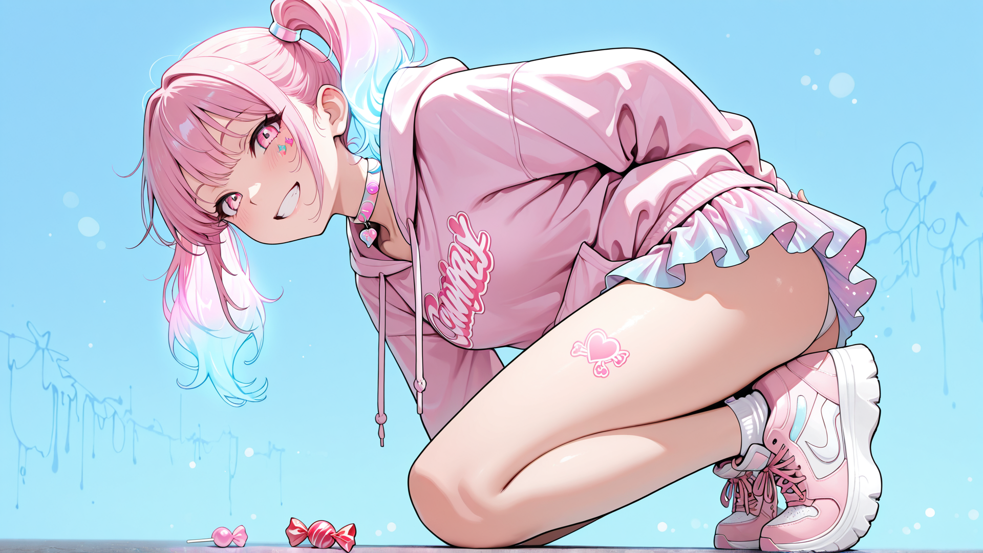 AI generated wallpaper featuring girl, sweatshirt, skirt, shoes, hair, candy