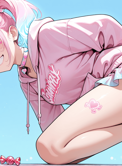 girl, sweatshirt, skirt, shoes, hair, candy