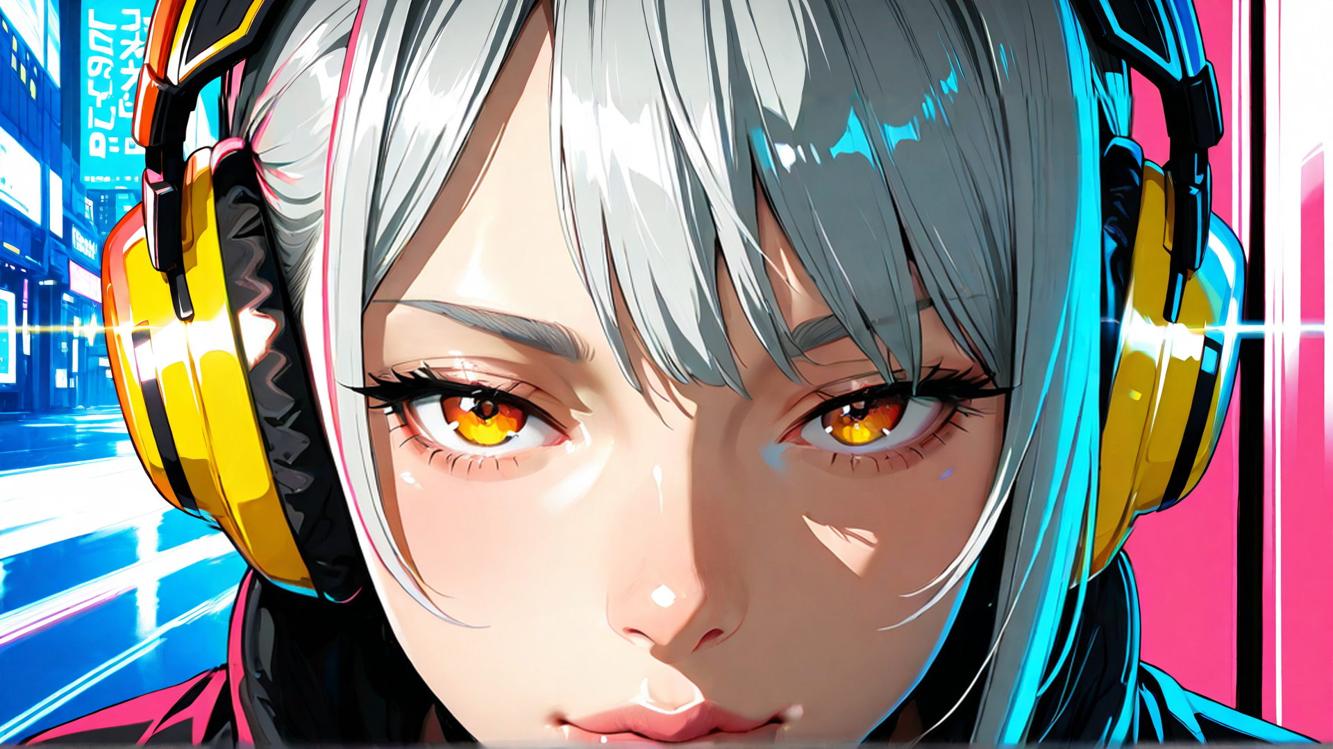 AI generated wallpaper featuring anime girl, headphones, cityscape