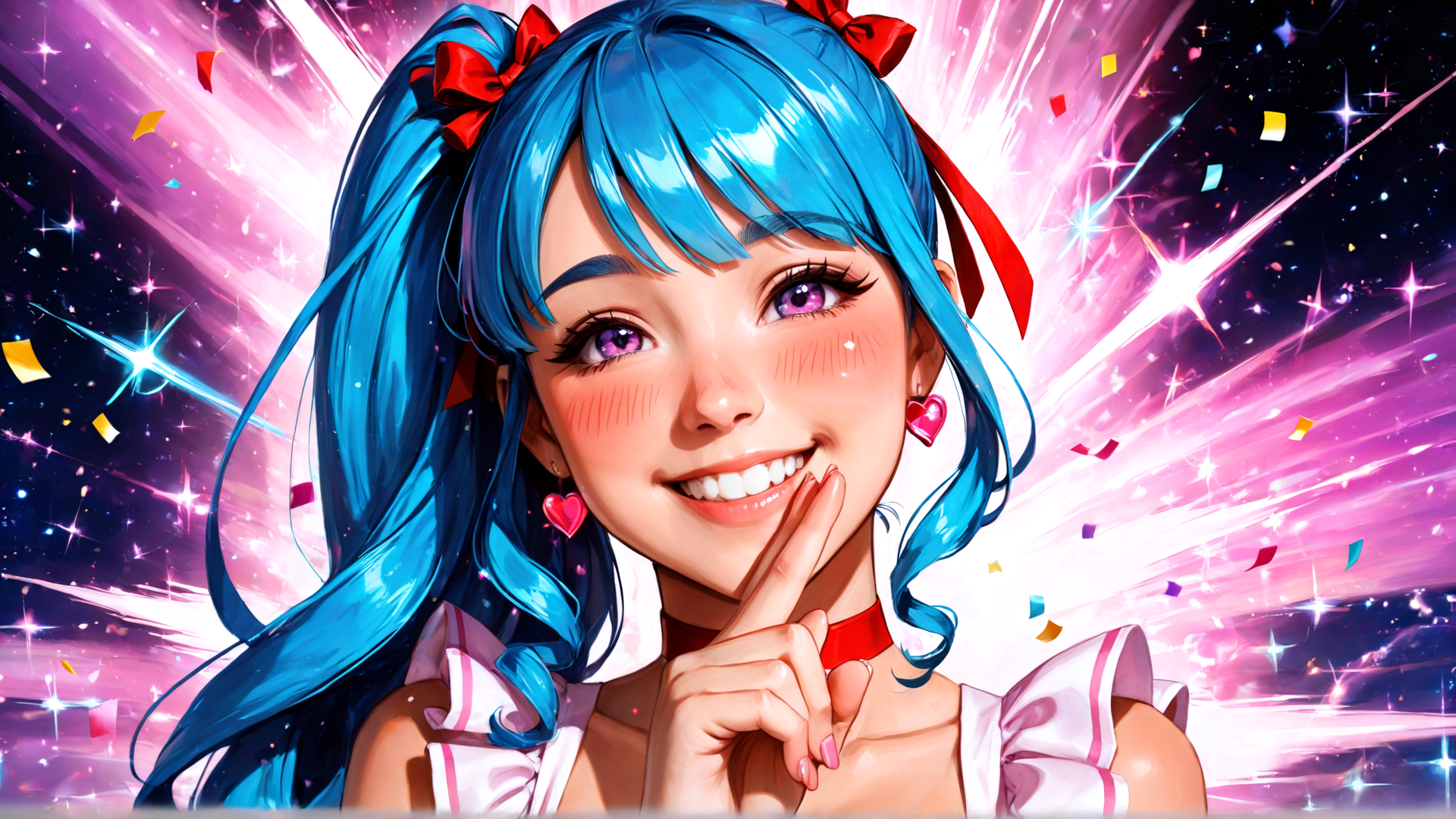 AI generated wallpaper featuring girl, blue hair, heart earrings, confetti, stars, party, ribbon, choker, smile, pigtails