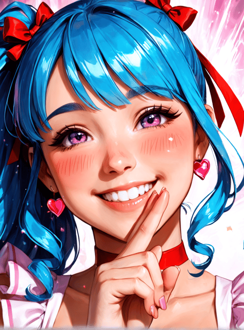 girl, blue hair, heart earrings, confetti, stars, party, ribbon, choker, smile, pigtails
