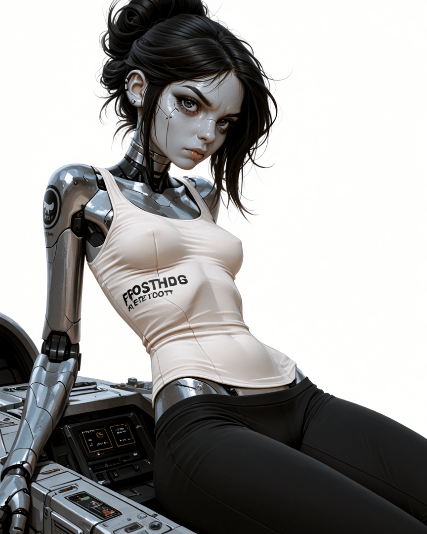 AI generated wallpaper featuring robot, cyborg, woman, tank top, motorcycle