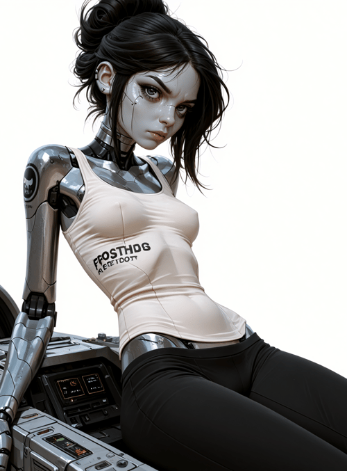robot, cyborg, woman, tank top, motorcycle