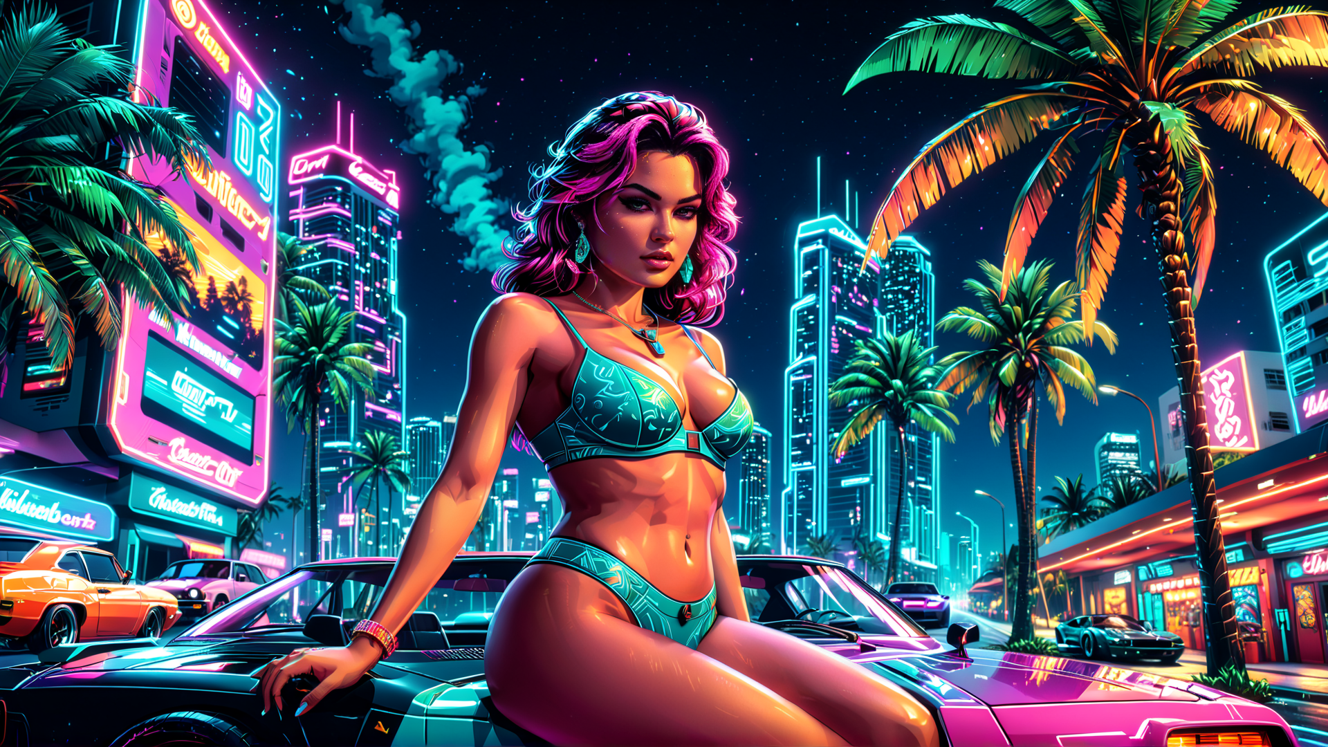 AI generated wallpaper featuring woman, car, city
