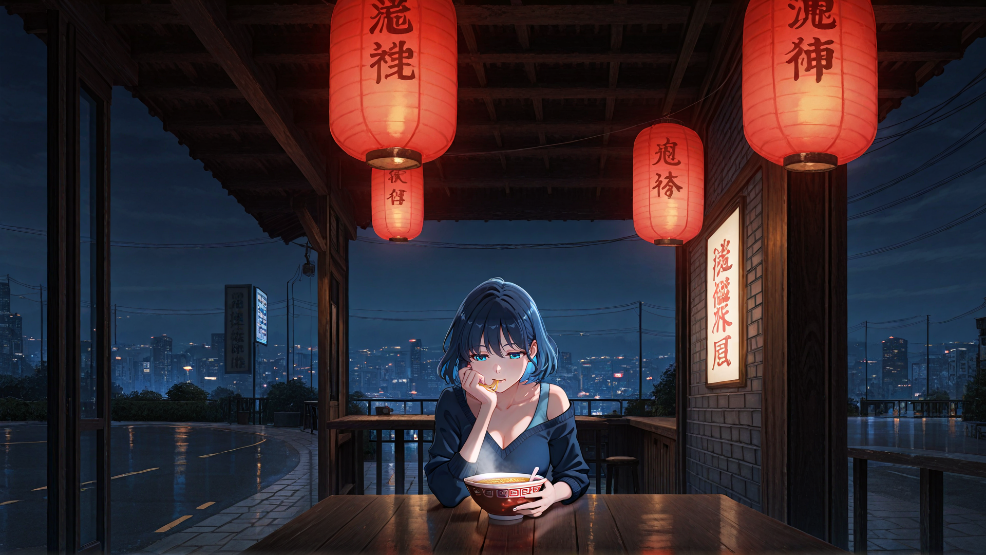 AI generated wallpaper featuring girl, lantern, city, soup, table, building
