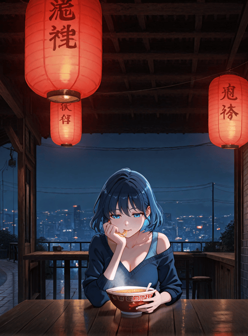 girl, lantern, city, soup, table, building