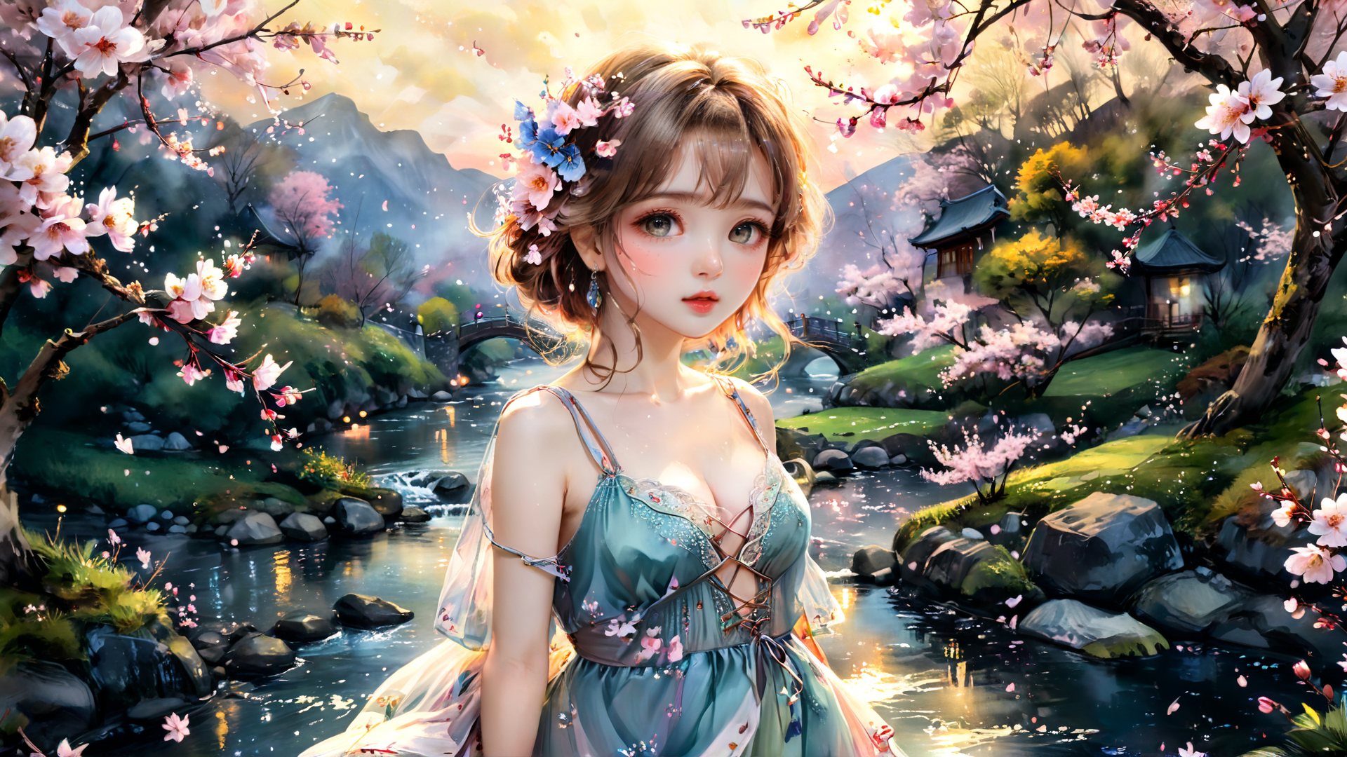 AI generated wallpaper featuring girl, cherry blossoms, stream