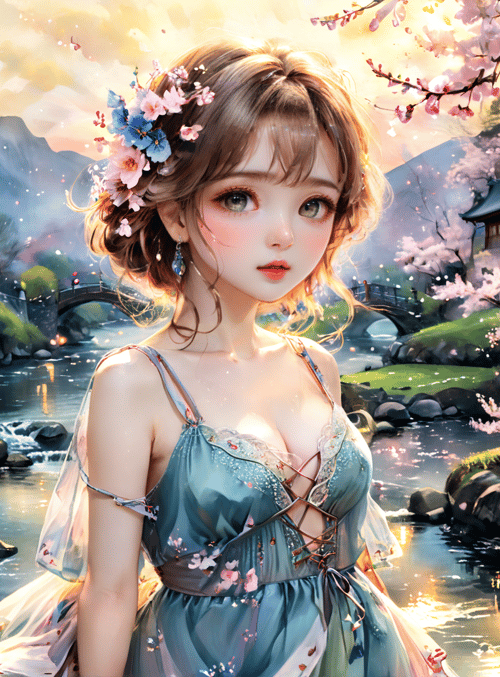 girl, cherry blossoms, stream