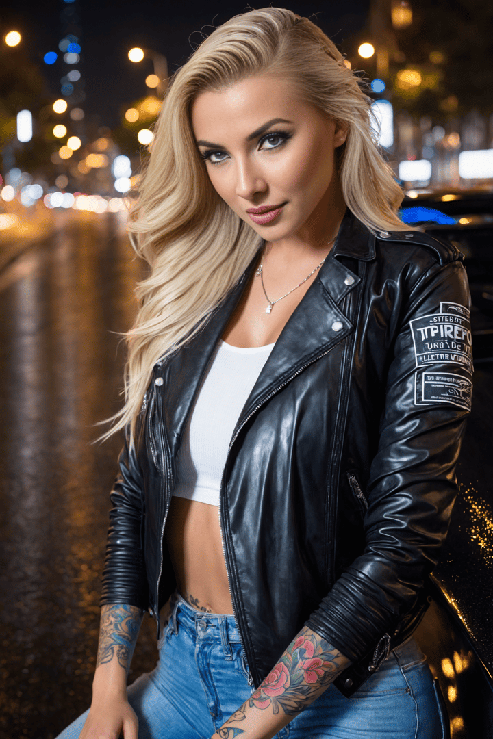 AI generated wallpaper featuring woman, tattoo, leather