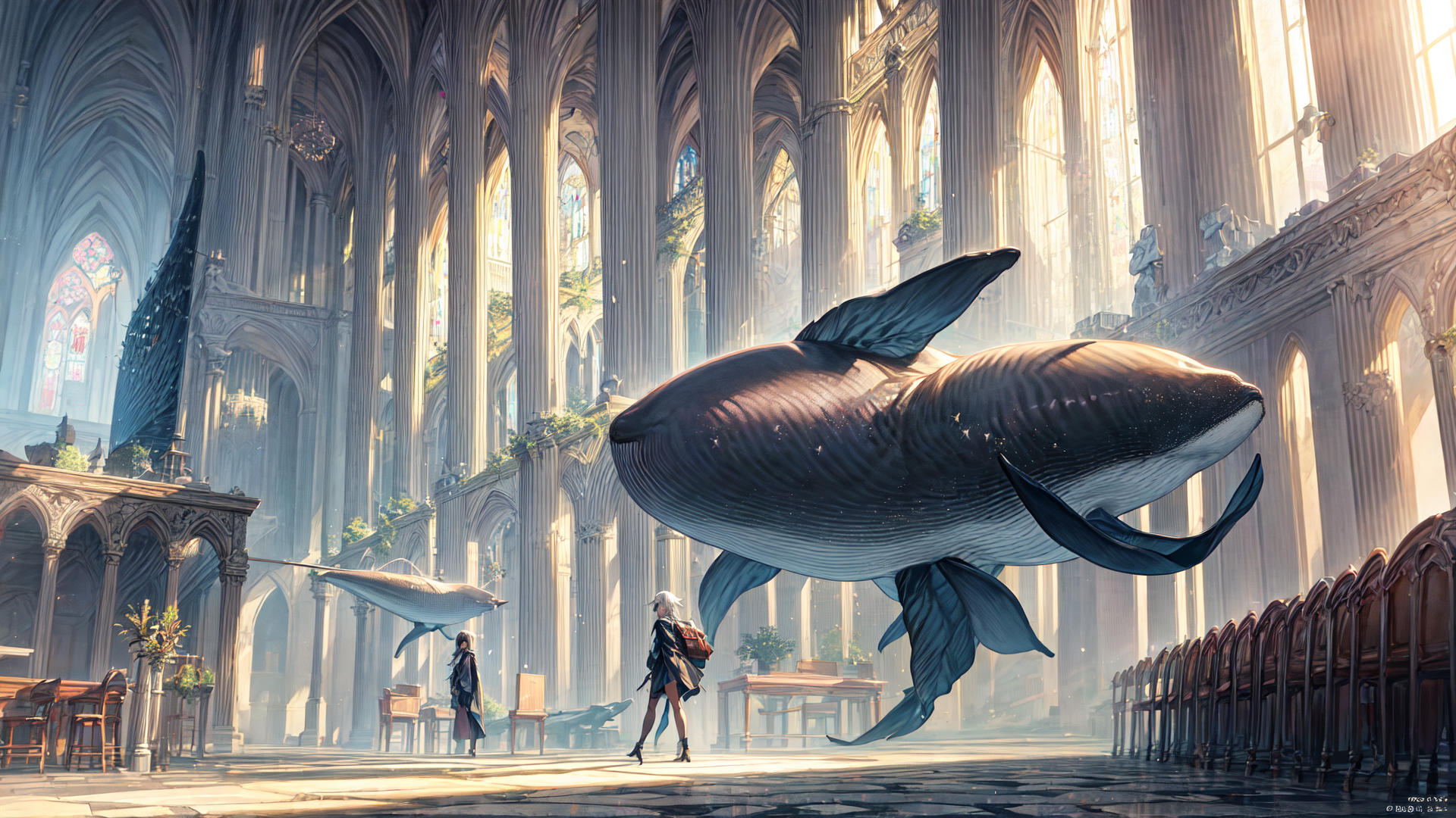 AI generated wallpaper featuring whale, cathedral, girl