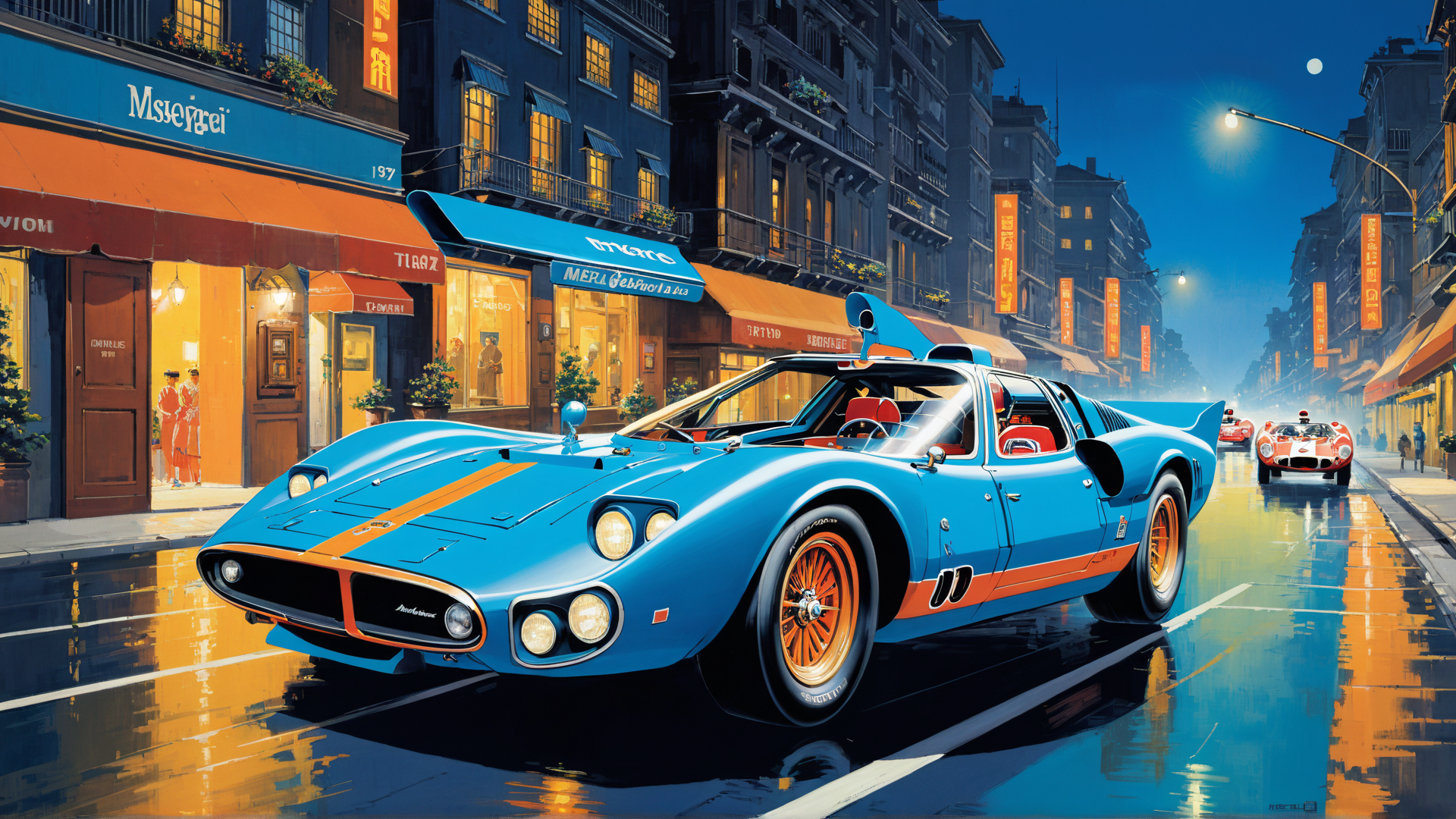 AI generated wallpaper featuring car, street, city, building, shop, moon, light, reflection, sign, people