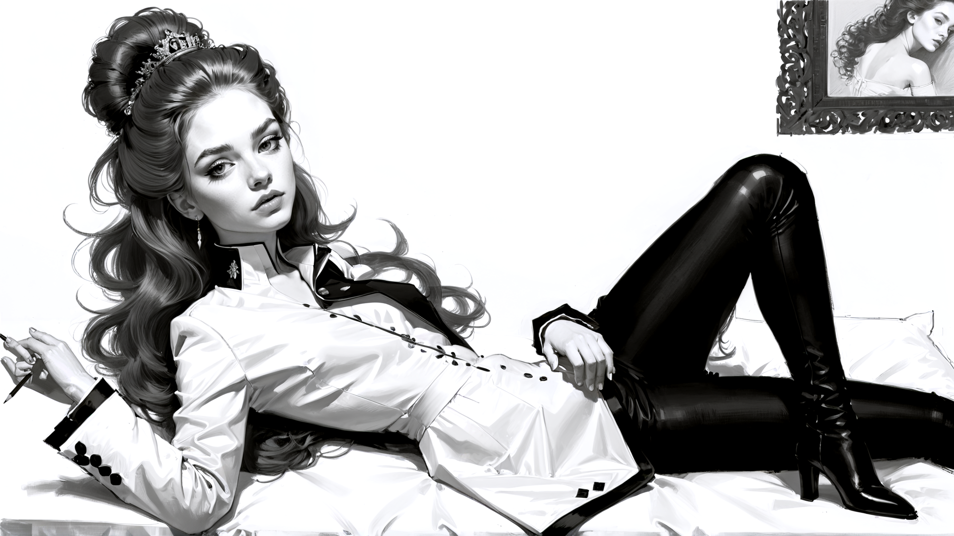 AI generated wallpaper featuring woman, tiara, pencil, bed, boot, dress, portrait, hair, gloves, frame