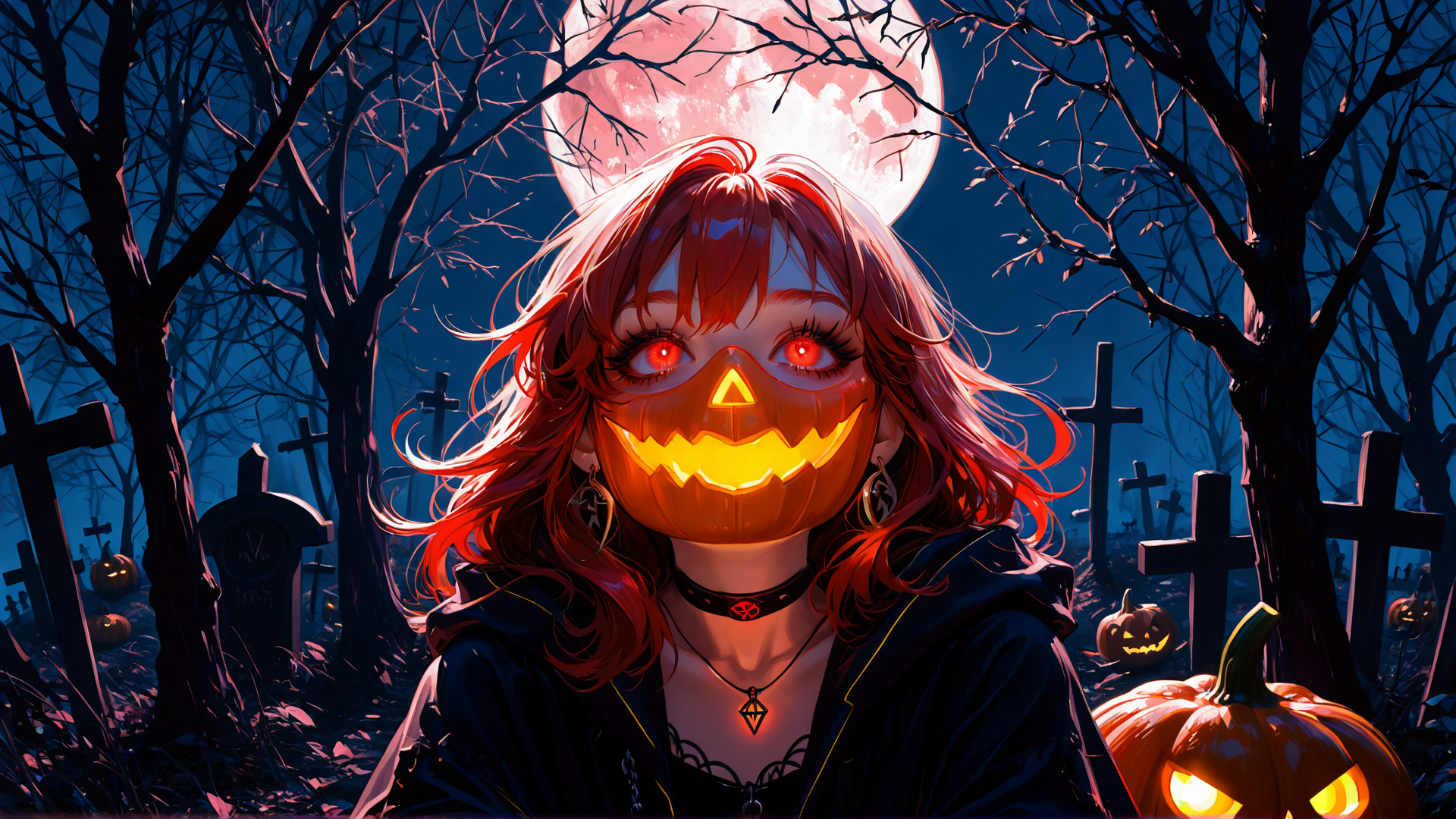 AI generated wallpaper featuring girl, pumpkin, moon, graveyard, trees, cross