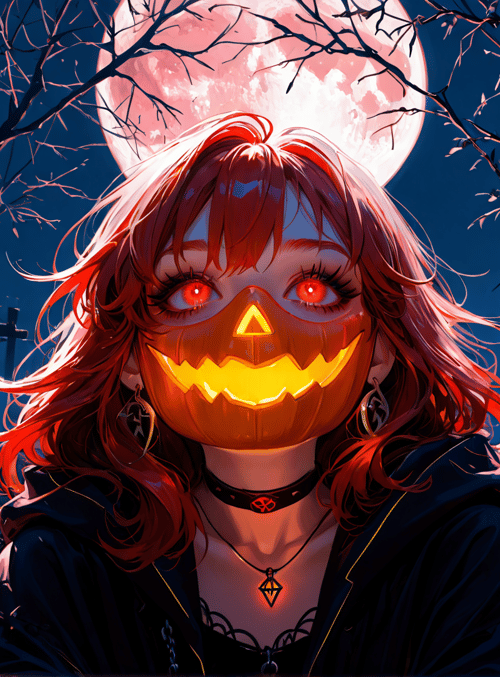 girl, pumpkin, moon, graveyard, trees, cross