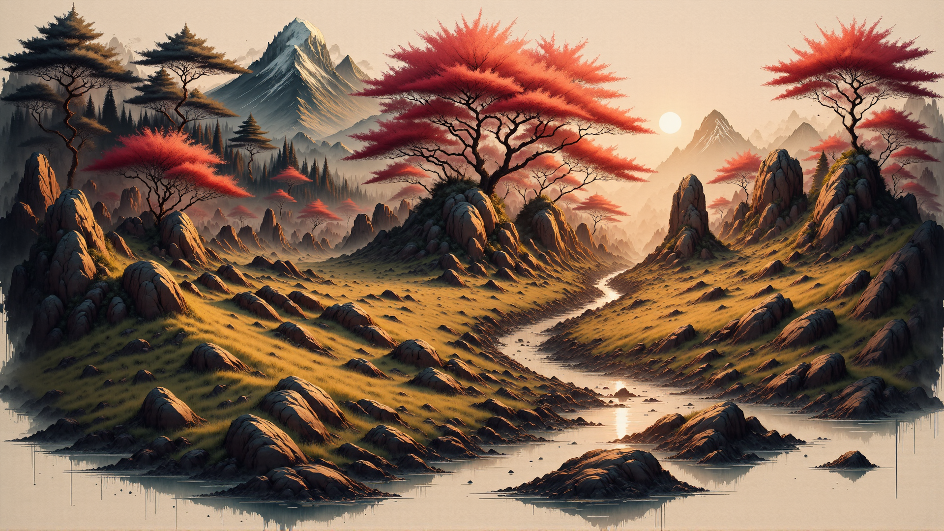 AI generated wallpaper featuring mountains, trees, river