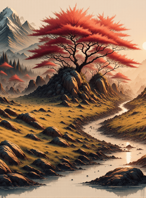mountains, trees, river