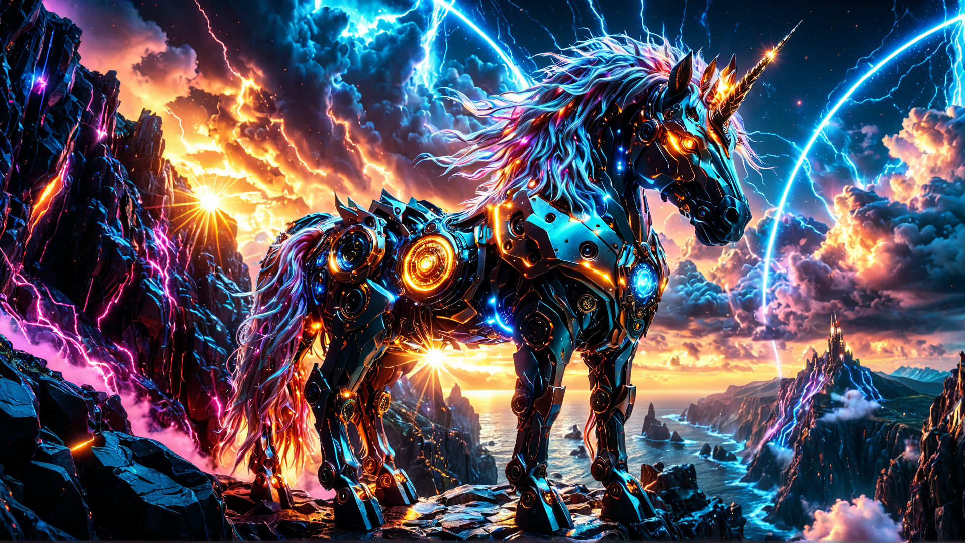 AI generated wallpaper featuring cyborg, unicorn, robot