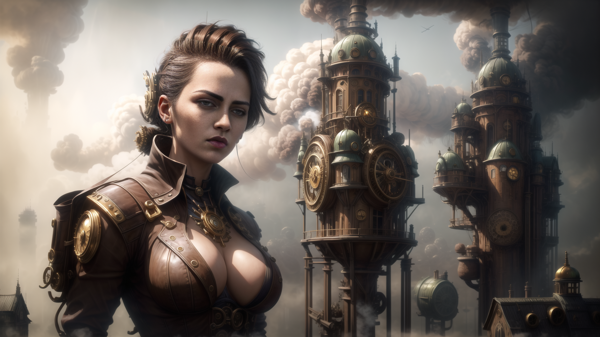 AI generated wallpaper featuring woman, steampunk, clock tower