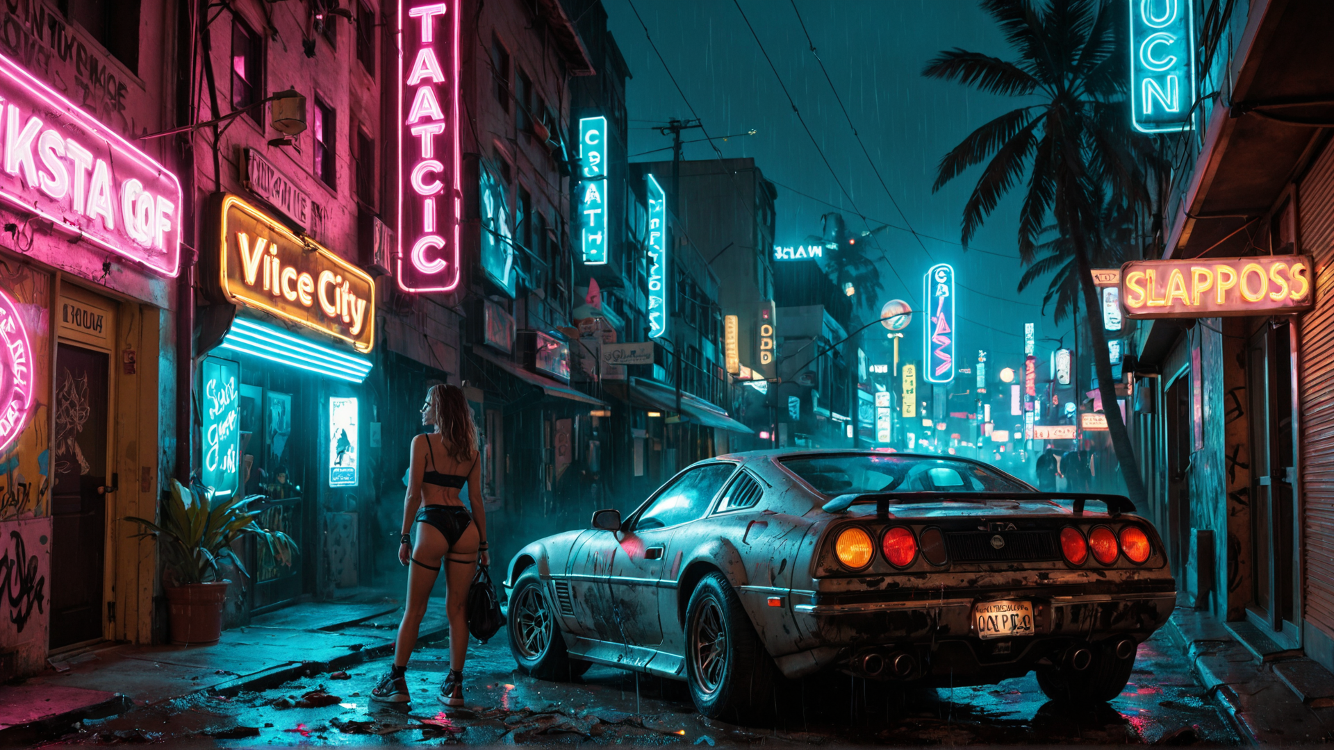 AI generated wallpaper featuring woman, car, street