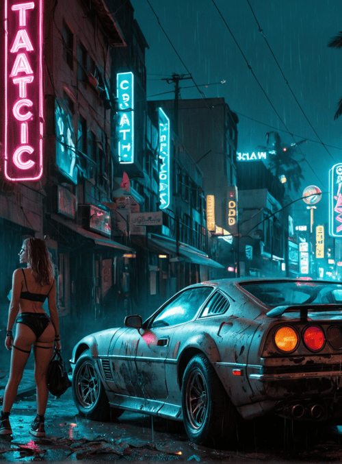 woman, car, street