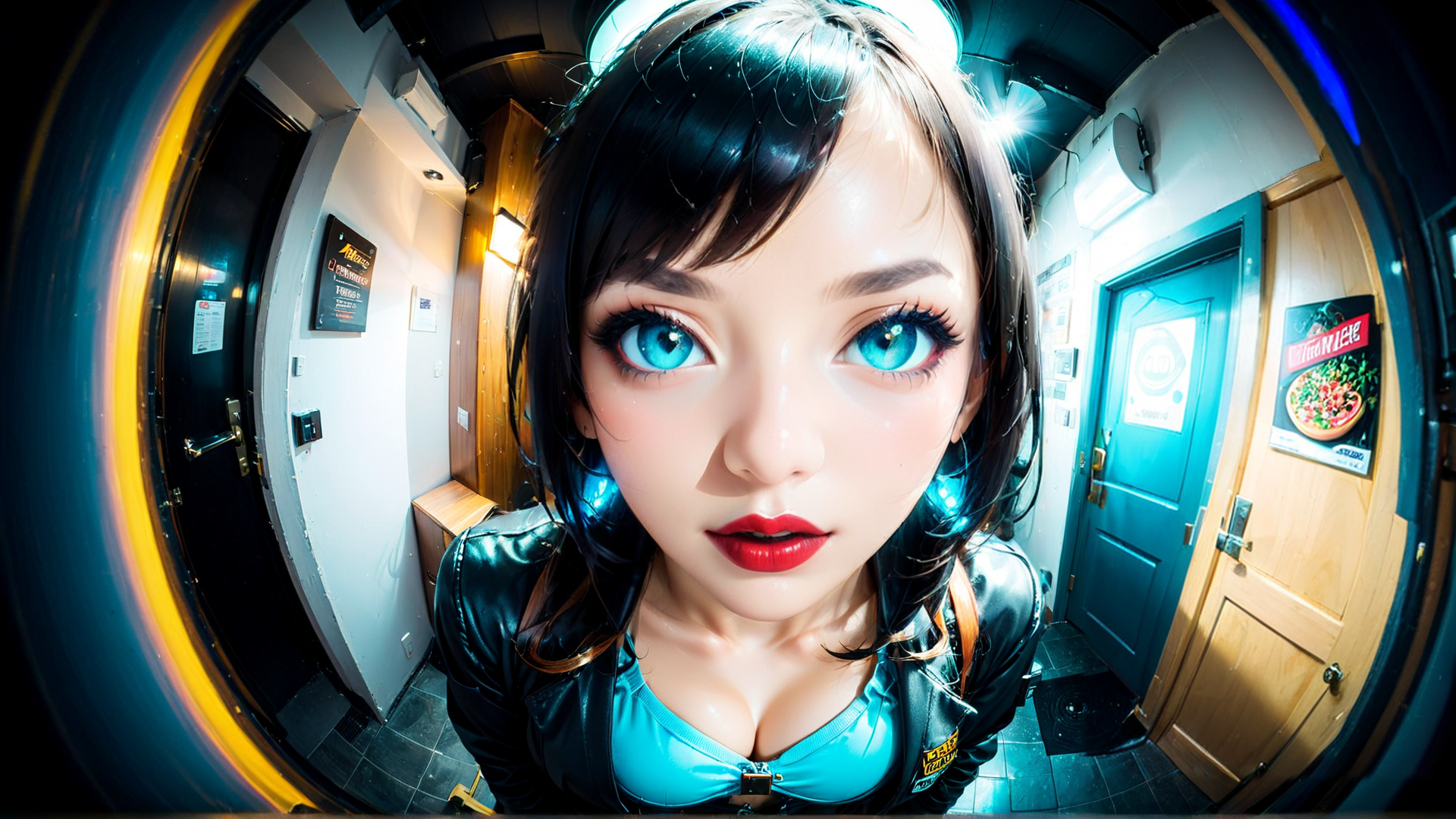 AI generated wallpaper featuring girl, woman, corridor, door, poster, leather jacket, blue eyes, red lips, headphones, poster