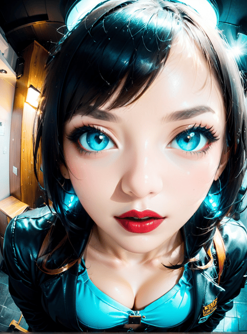 girl, woman, corridor, door, poster, leather jacket, blue eyes, red lips, headphones, poster