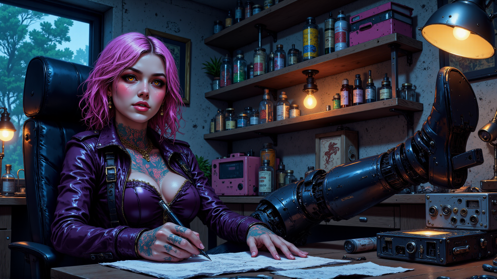 AI generated wallpaper featuring woman, robotic leg, desk, bottle, tattoo, lamp, chair, paper, shelf, radio