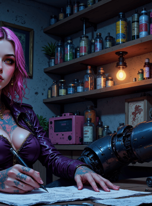 woman, robotic leg, desk, bottle, tattoo, lamp, chair, paper, shelf, radio