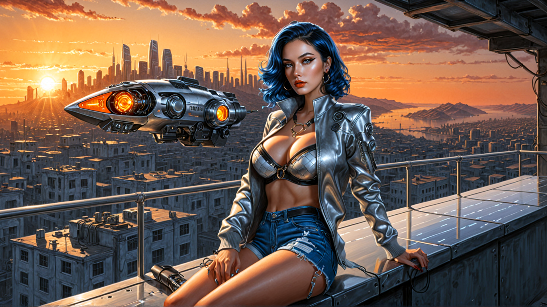AI generated wallpaper featuring woman, spaceship, cityscape, sunset, skyscrapers, rooftop