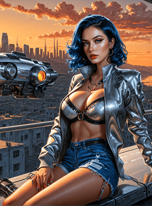 woman, spaceship, cityscape, sunset, skyscrapers, rooftop