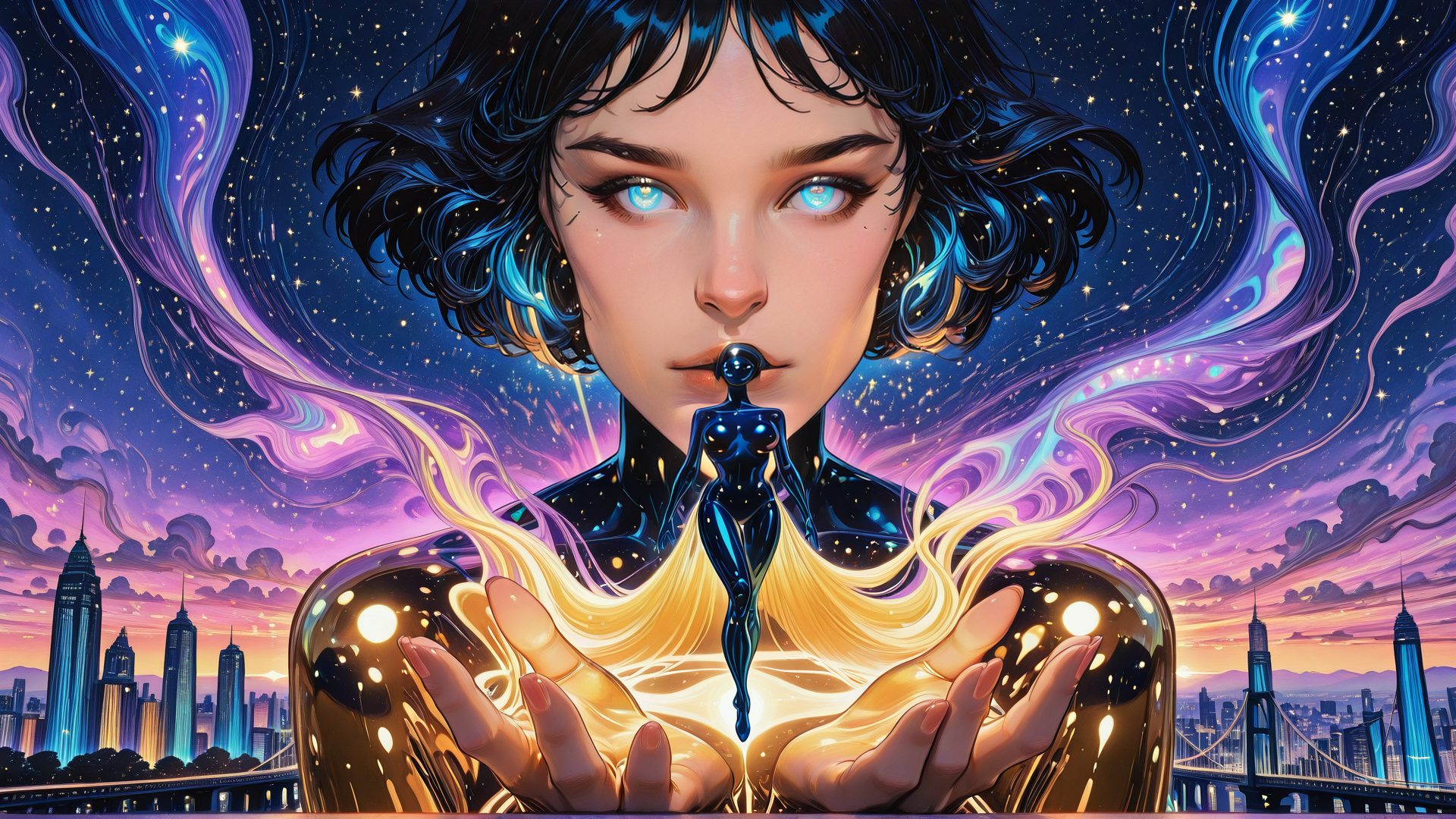 AI generated wallpaper featuring woman, cityscape, neon, surreal, astronaut, hands, stars, hair, figure, glow