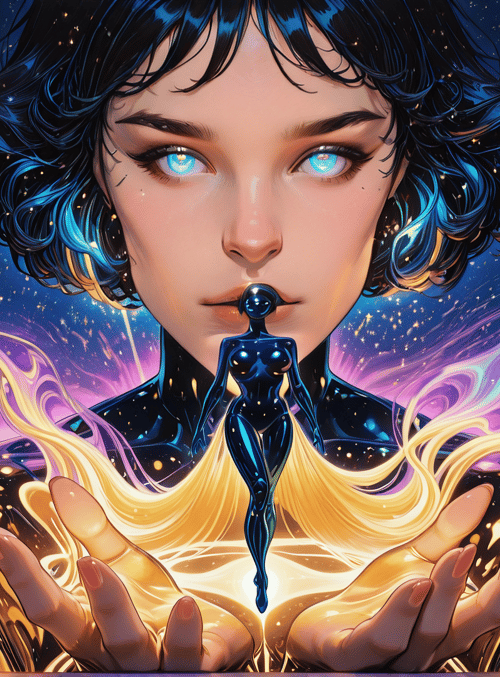 woman, cityscape, neon, surreal, astronaut, hands, stars, hair, figure, glow