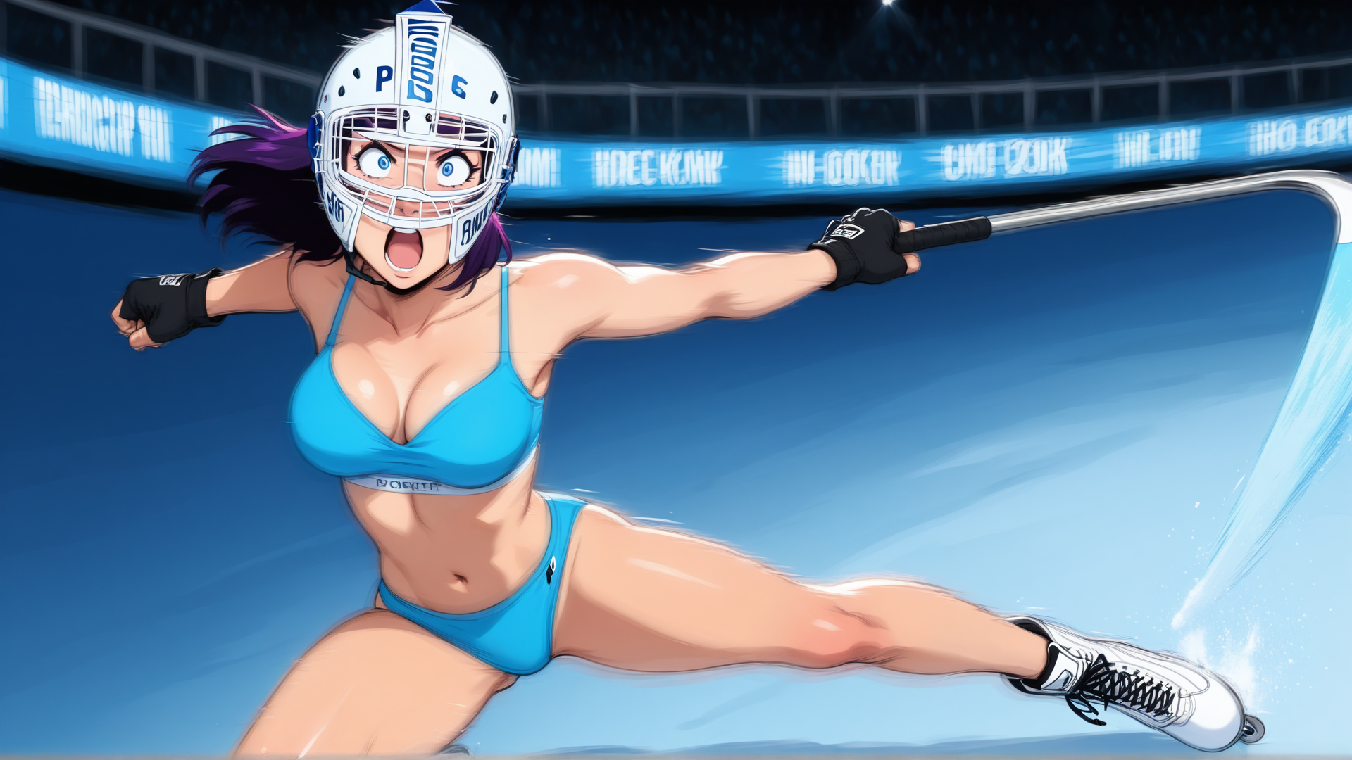 AI generated wallpaper featuring figure, hockey, athlete, skater, helmet, bikini, ice, stadium