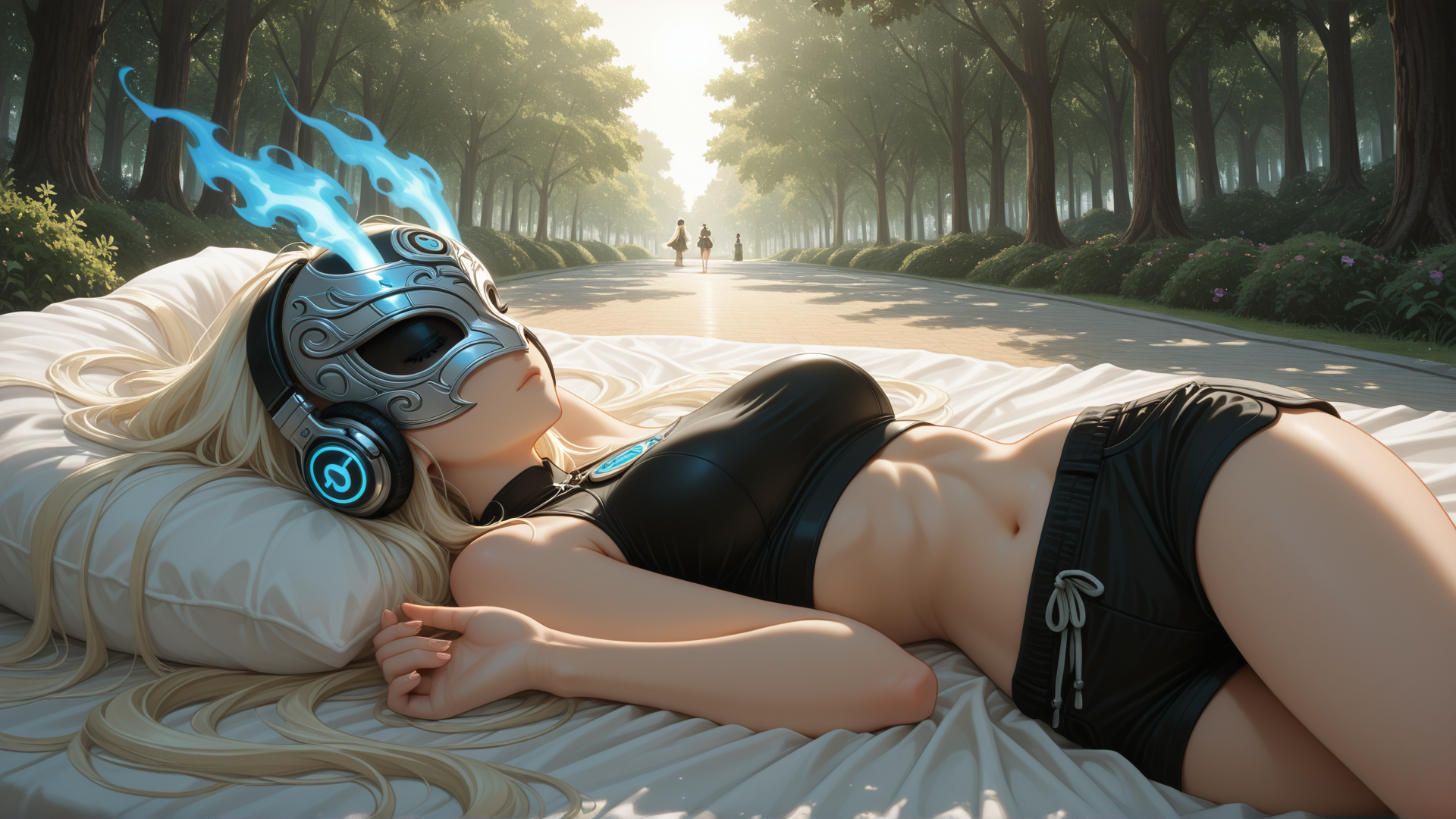 AI generated wallpaper featuring blonde woman, headphones, masks, forest path, pillow