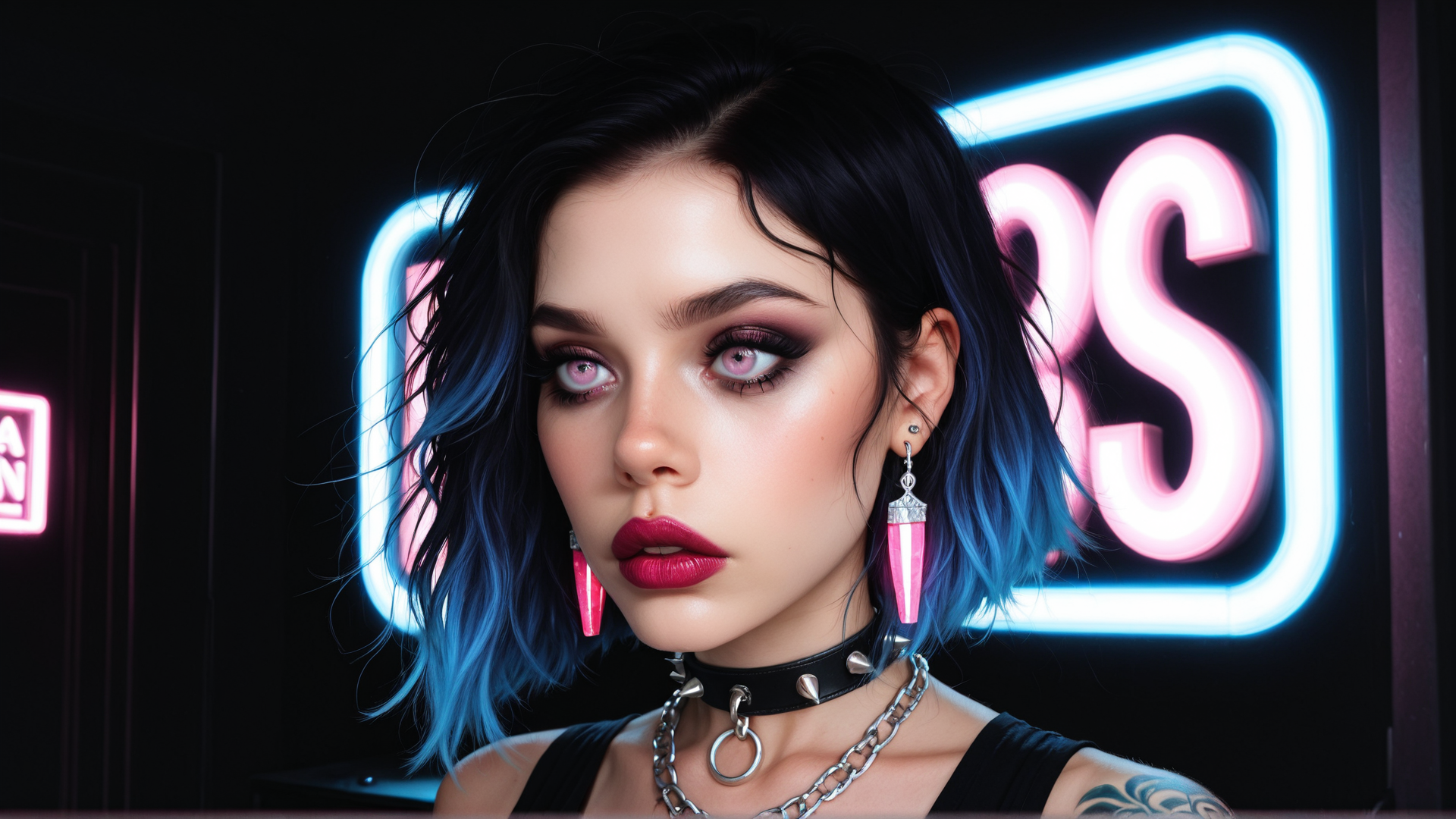 AI generated wallpaper featuring woman, neon sign, choker, earring, tattoo