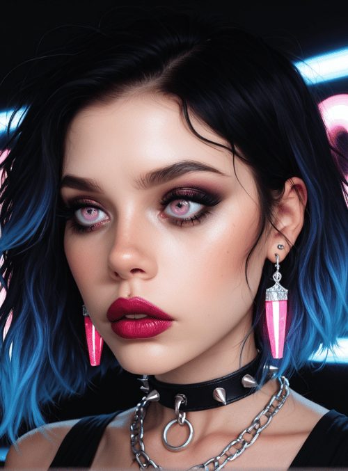woman, neon sign, choker, earring, tattoo