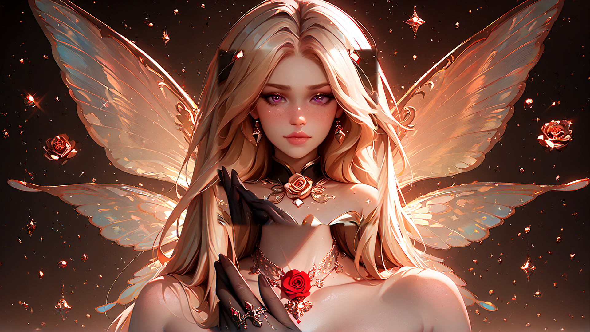 AI generated wallpaper featuring fairy, angel, rose, gloves, wings, necklace, hair