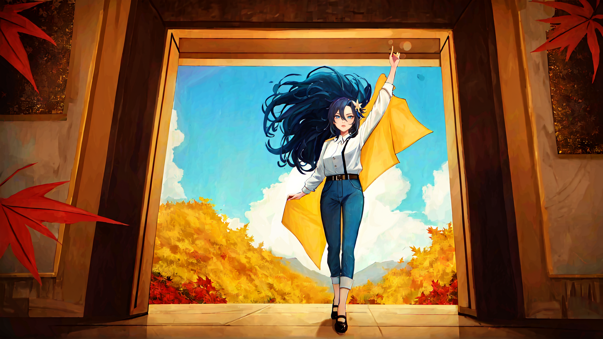 AI generated wallpaper featuring woman, door, leaves, cape, trees