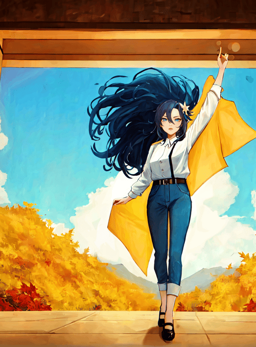 woman, door, leaves, cape, trees