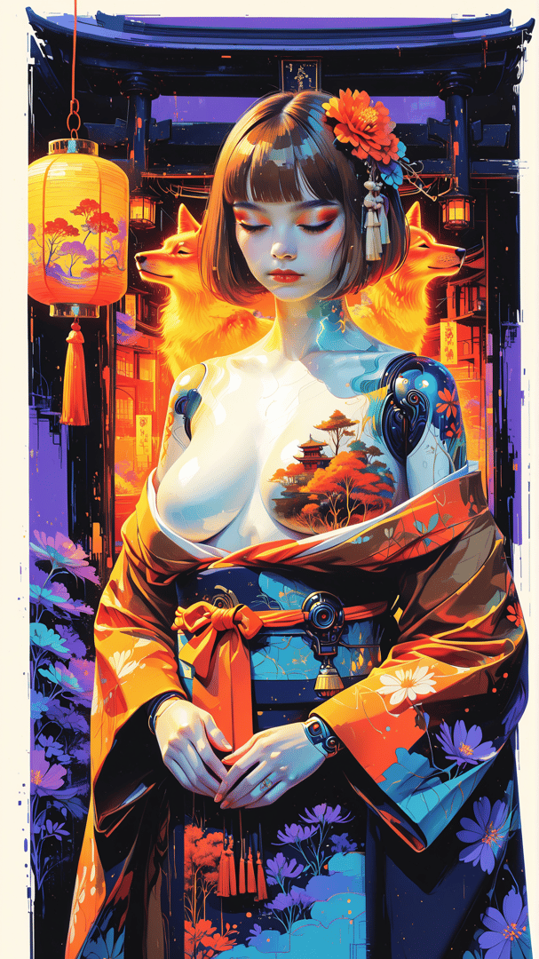 AI generated wallpaper featuring woman, fox, lantern, kimono, flower, building