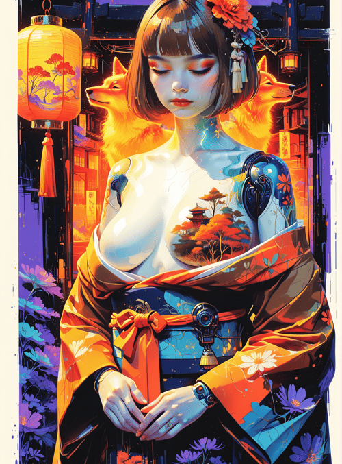 woman, fox, lantern, kimono, flower, building