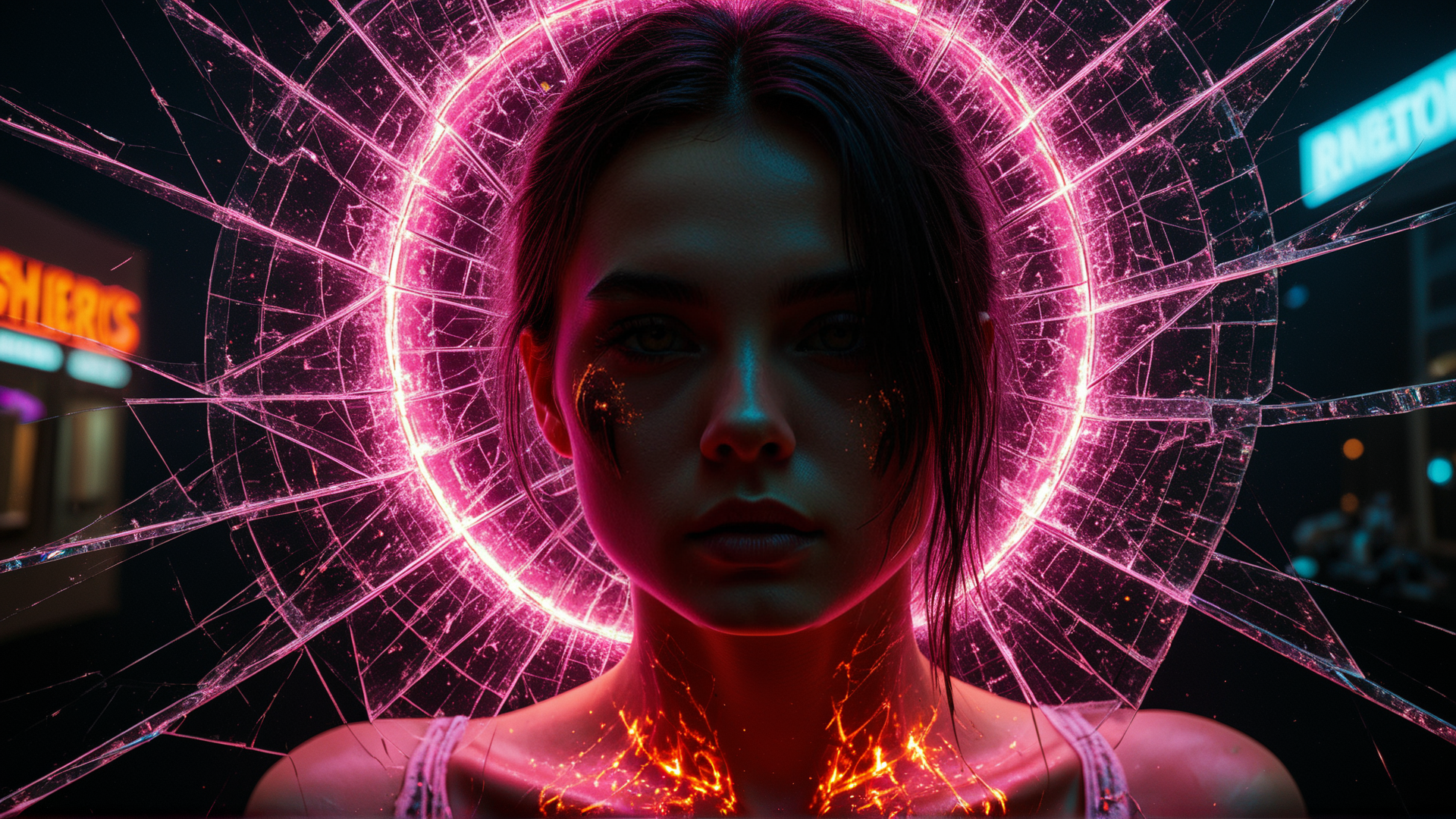 AI generated wallpaper featuring woman, neon, glowing, circle, urban, city, fire, electric, hologram, light