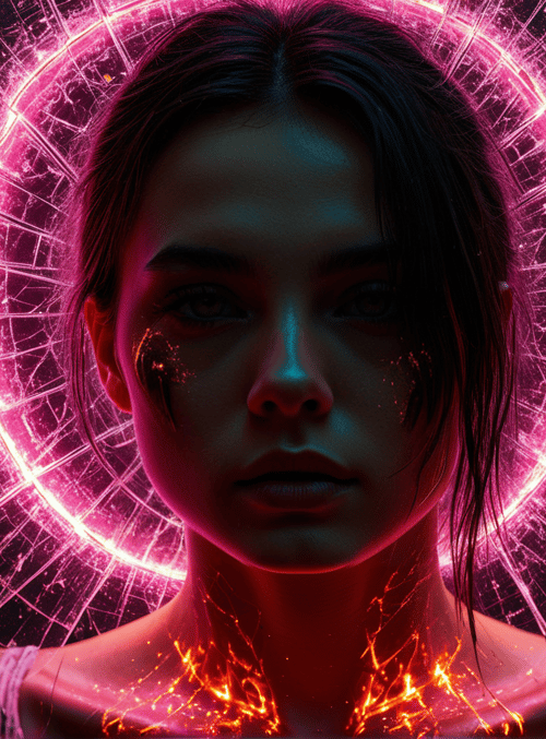 woman, neon, glowing, circle, urban, city, fire, electric, hologram, light